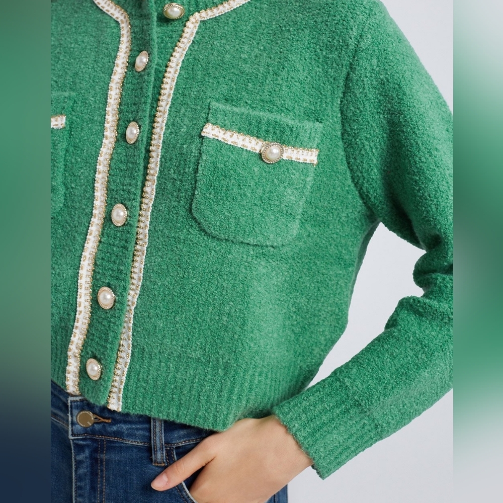 URBAN REVIVO Green Crew Knitted Cropped Cardigan Jeweled & Pearl Buttons Size M